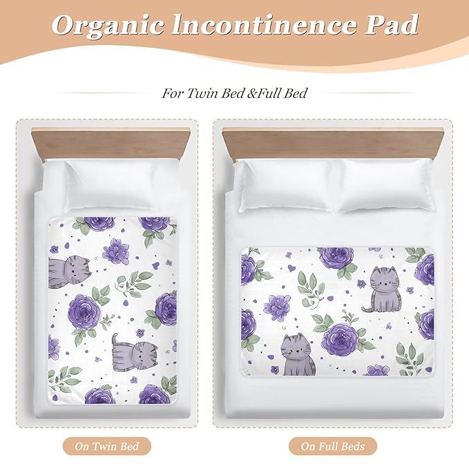 Waterproof Bed Pad Reusable Changing Pad Toddler Mattress Protector Large Pee Pad Baby Diaper Pad Soft Washable Liner Purple Roses and Cute Cats