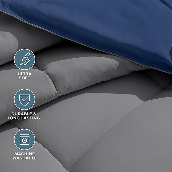 Bare Home Reversible Bed-in-A-Bag Comforter & Sheet Set - Split Head Flex King - Down Alternative - Soft - Bedding Set (Split Head Flex King, Dark Blue/Grey, Grey)