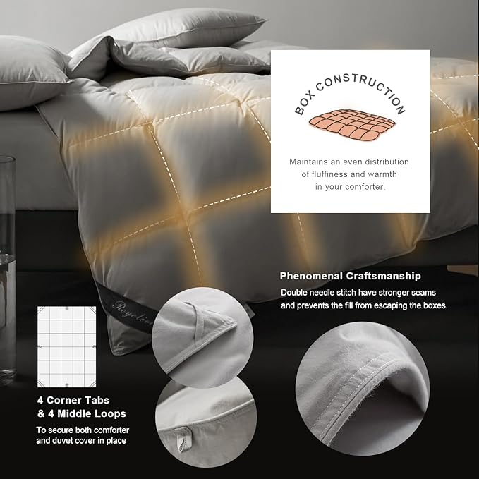 Royoliving Premium Feathers Down Duvet Insert Comforter California King Size Gray All Season Medium Warmth Grey 100% Cotton Cover with Corner Tabs (108x98, 67 oz)