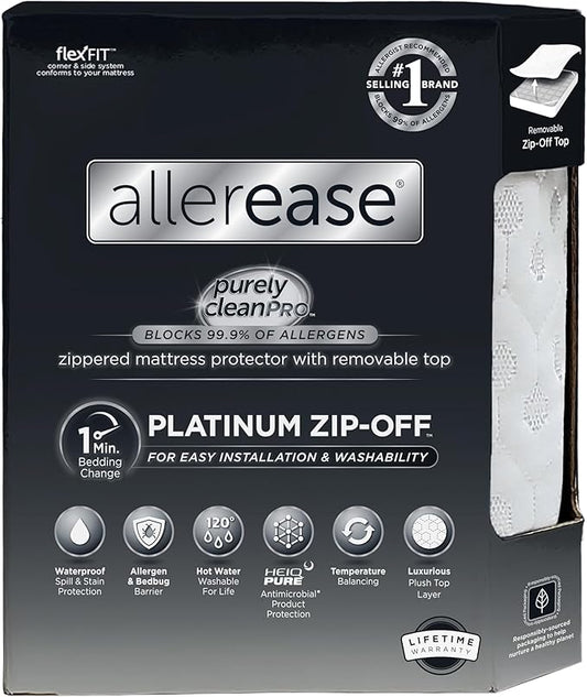 AllerEase Platinum Zip-Off Top Waterproof Mattress Protector King Size 360 Degree Zipper Allergen Barrier Temperature Balancing Luxurious Plush Top Separately Machine Washable Mattress Cover (White)