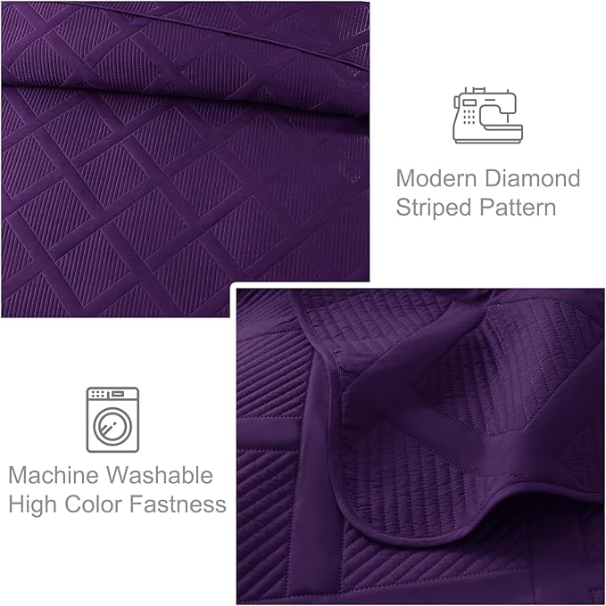 Exclusivo Mezcla Oversized King Quilt Set- Deep Purple Cal King Quilts Bedding Set with 2 Pillow Shams, Modern Bedspread with Striped Pattern, Soft Lightweight Bedspreads Coverlets for All Seasons