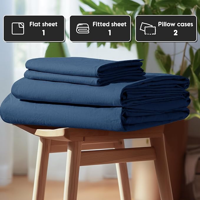 SONORO KATE 100% French Pure Linen Sheets, Breathable and Durable Line Sheets, Anti-Tear Line Bed Sheets, Machine Washable, 16 Inch Deep Pocket - 4 Piece (Navy Blue, California King)