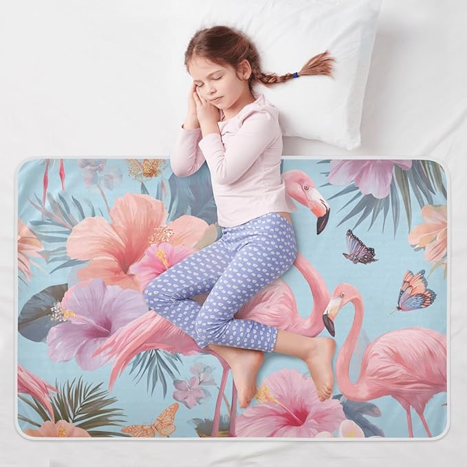 Waterproof Bed Pad Reusable Changing Pad Toddler Mattress Protector Large Pee Pad Baby Diaper Pad Soft Washable Liner Sky Blue Flamingo Flower