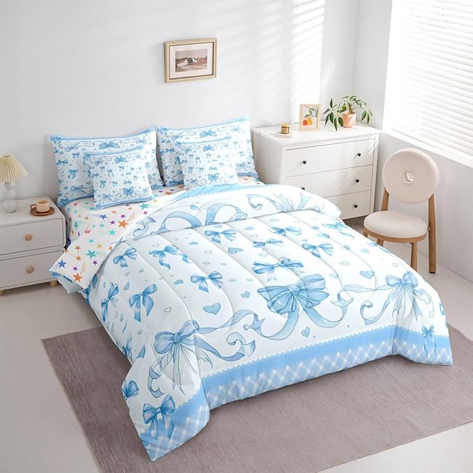 Feelyou Bowknot Queen Comforter Set with Sheets for Kids Boys Girls Dreamy Princess 7 Pieces Bedding Set Cute Bow Bed in a Bag Love Hearts Room Decor Soft Lightweight Microfiber