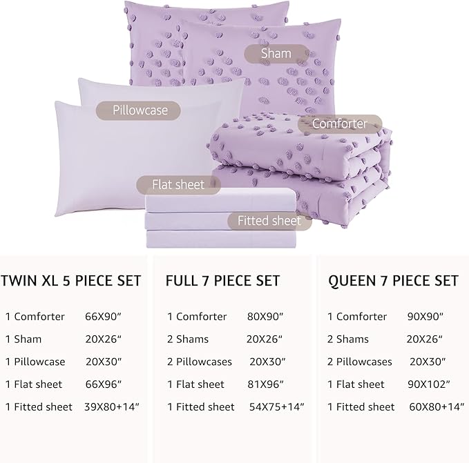 Geniospin Purple Twin Comforter Set for Girls- 5 Pieces Pom Tufted Bed in A Bag Twin Bedding Sets with Sheets, Pillowcases & Shams, All Season Kids Comforter Set