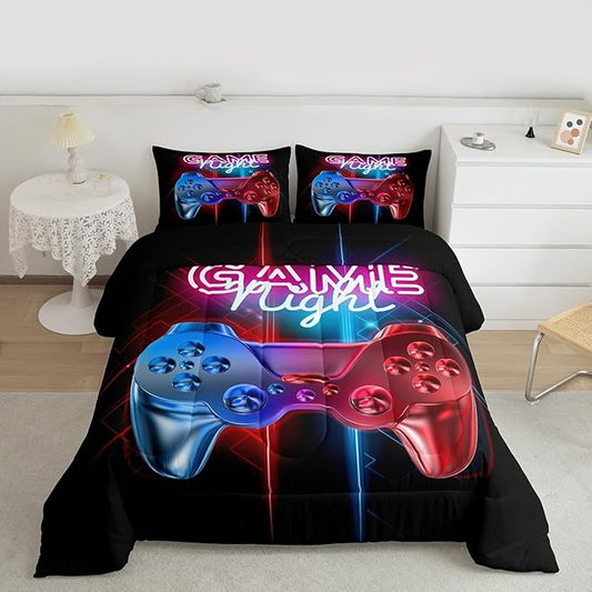Boys Gaming Comforter Set Queen Size Teens Gamer Bedding Set Modern Blue Red Video Game Controller Comforter For Kids Children Youth Bedroom Decor Multi-Color Gamer Console Action Buttons Duvet Set
