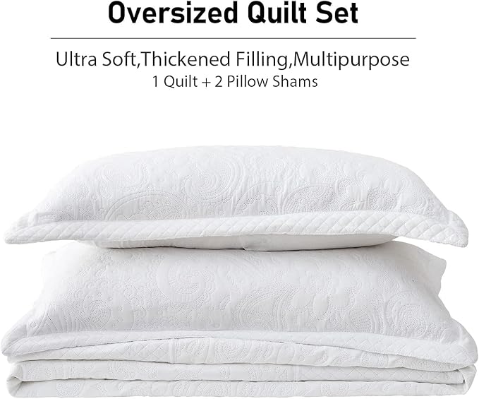 Qucover Alaska King Bedspread 132x 120, Solid White Oversized King Bedspread, 3 Piece Soft Microfiber Lightweight Oversized King Quilt Bedding Set, with Pillow Shams, Comforter with Paisley Pattern