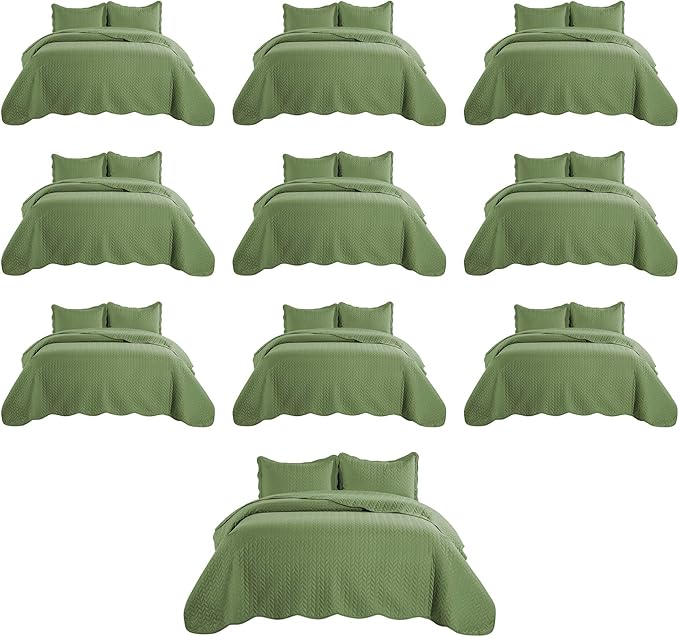 IR Imperial Rooms Queen Quilt Bedding Set (90" x 96") - Bulk Pack of 10 Wholesale for Hotels, Guest Bedroom & Airbnbs - Lightweight Microfiber Reversible Embossed Quilts Bedspreads (Olive Green)
