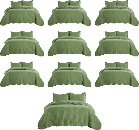 IR Imperial Rooms Queen Quilt Bedding Set (90" x 96") - Bulk Pack of 10 Wholesale for Hotels, Guest Bedroom & Airbnbs - Lightweight Microfiber Reversible Embossed Quilts Bedspreads (Olive Green)