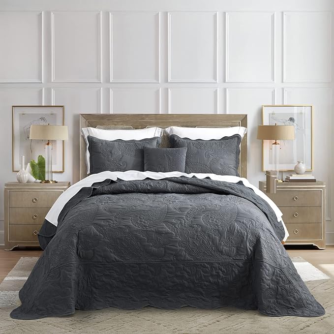 HZ & HY Queen Size Bedspread, Quilted Coverlet Bedding Set, Lightweight Thin Comforter, Reversible, Luxurious, 5 Piece, 100% Microfiber, Queen, Dark Grey