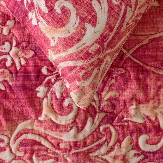 The HomeCentric King/Queen/Twin Pink Decorative Twin 53"x18" Bed Runner with Two Pillow Cover, Damask, Quilted Bed Scarf on Velvet Fabric - Pink Dalliance