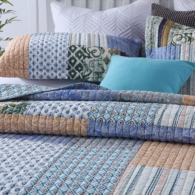Autumn Dream Cotton Bedspread Quilt Sets Reversible Bedding Coverlet Sets Comforter, Vintage Floral Paisley Patchwork Bohemian Blue Bedspread, King Size | Breathable material, Reversible, Handmade patchwork, Soft durable, Jacquard stitching, Machine wa...