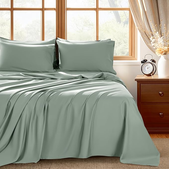Shilucheng 100% Egyptian Cotton King Size Sheets Set - 1000 Thread Count，Luxury Cotton Bed Sheets，Breathable & Cooling Bedding and Pillow Cases, 16 Inch Deep Pocket - 6 Piece (Sea Glass, King)