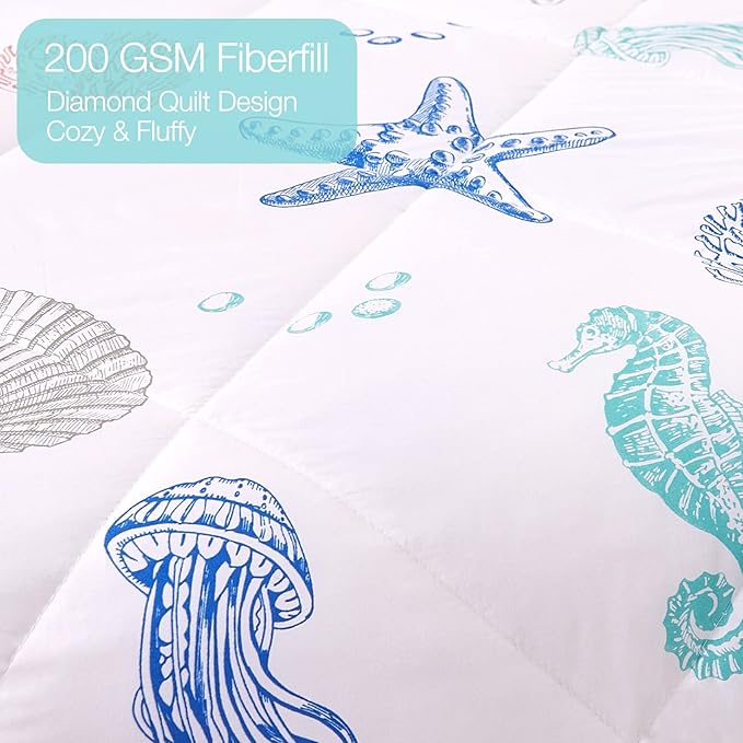 JSD Beach Theme Kids Comforter Set Full Size, 3 Piece Jellyfish Starfish Shell Printed Comforter with Pillow Shams, Lightweight All Season Washable