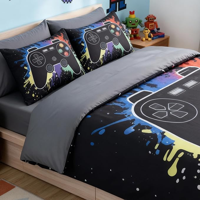 Twin Comforter Set for Boys, Kids - 5 Pieces Black Gamer Patterns Twin Bedding Sets for Boys Teen, Soft Cozy Bed in A Bag with Sheets