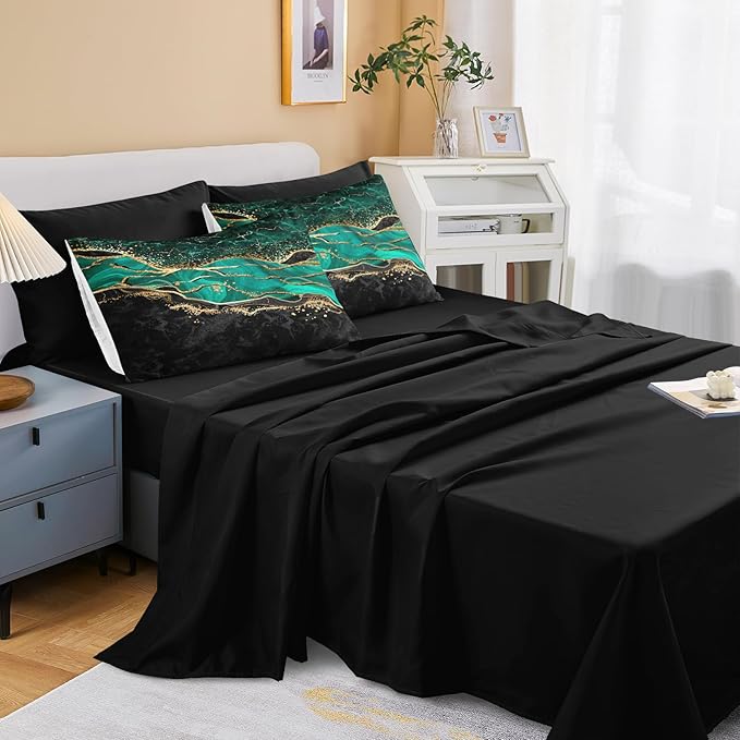 Emerald Green Comforter Set - Twin Size Bed in a Bag - 6 Pieces - Black and Gold Marble Bedding Comforter with Gold Metallic Glitter Marble River Texture
