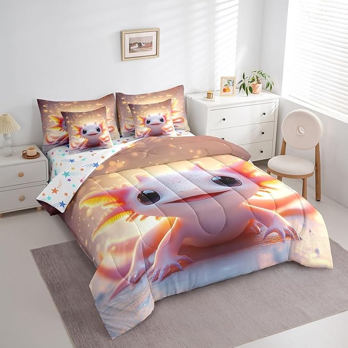 Feelyou Kids Cute Axolotl Comforter Set with Sheets King Size, Cartoon Salamander 7 Pieces Bedding Set Boys Girls Kawaii Animal Bed in A Bag Ocean Sealife Teens Bed Set Bedroom Decor 7Pcs