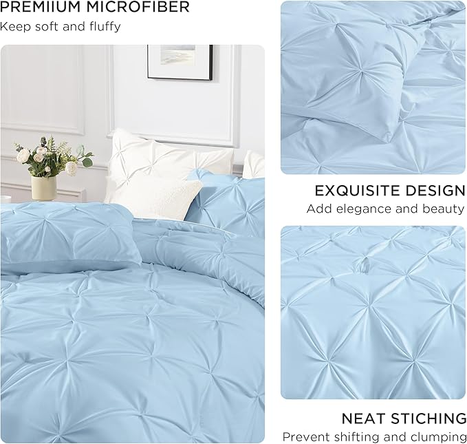 Andency Light Blue Pinch Pleat Comforter Twin(66x90Inch), 2 Pieces(1 Down Alternative Comforter and 1 Pillowcase) Bed Set Microfiber Pintuck Bedding Set