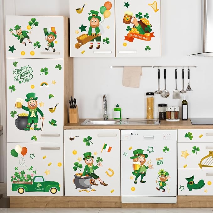 St Patricks Day Window Clings, Large Leprechaun Style Reusable Static Window Stickers for St Patricks Day Decorations