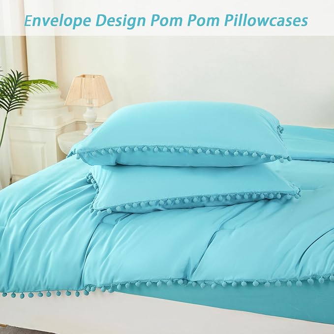 PERFEMET 5 Pcs Full Size Bedding Set for Girls Teal Blue Pom Pom Cute Bed in A Bag for Kids Teen Soft All Season Fluffy Boho Solid Bedding Comforters with Sheet Set(Teal Blue, Full)