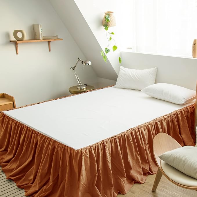 BISELINA French Linen Bed Skirt with Pleated Frills 22-Inch Tailored Drop Natural Flax Cotton Blend Dust Ruffle Soft Cozy Farmhouse Bedding (22" Queen, Rust)