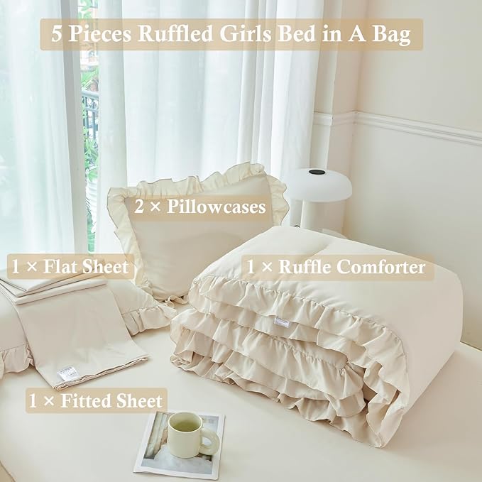 ANGIYUIN 5 Pieces Camel Twin Size Comforter Set for Kids Girls Ruffled Bedding Set Boho Farmhouse Bed Sets Shabby Fluffy Elegance Bed in A Bag with Sheets(Camel Twin)