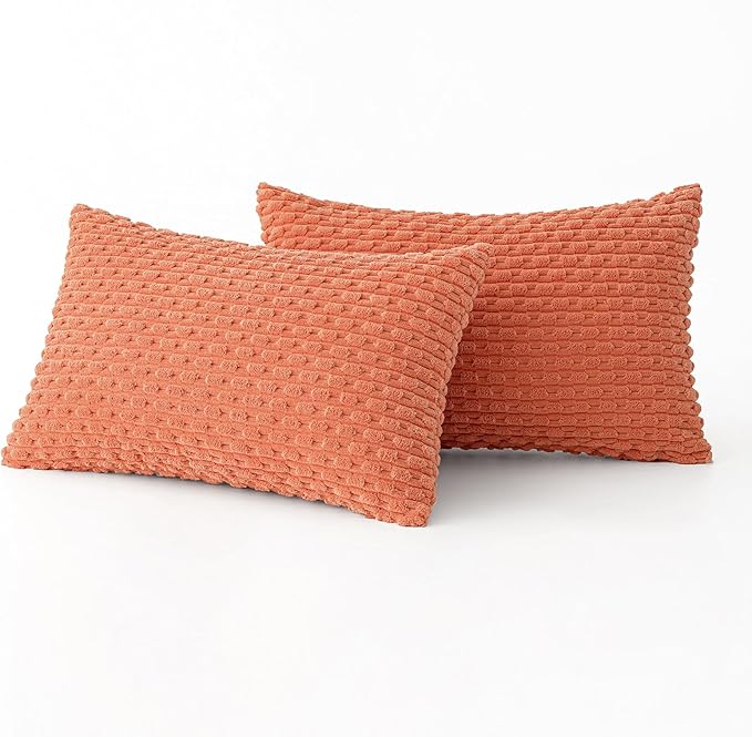MIULEE Pack of 2 Decorative Lumbar Throw Pillow Covers 12x20 Inch Soft Boho Striped Textured Corduroy Pillow Covers Modern Farmhouse Home Decor for Couch Bed Sofa Living Room Coral Red