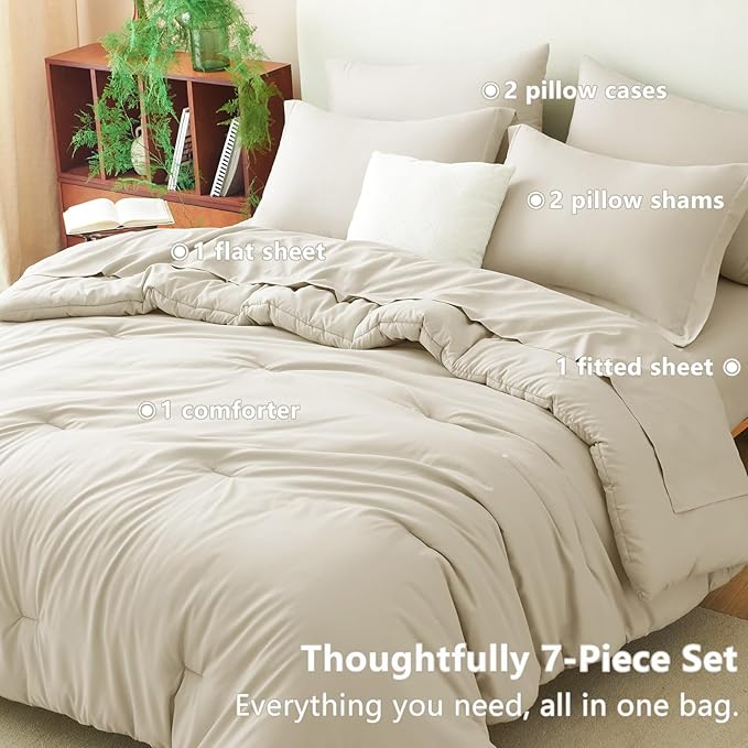 CozyLux Queen Comforter Set Oatmeal, 7 Pieces Bed in a Bag Soft Bedding Comforter Set with Sheets, All Season Boho 7PC Bed Sets with Comforter, Fitted Sheets, Flat Sheets, Pillow Shams and Pillowcases
