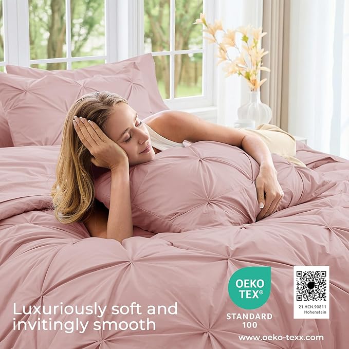 Sasttie Full Size Comforter Set, 7-Piece Bed in a Bag, Pintuck Bedding Set for All Season, Includes Comforter, Flat Sheet, Fitted Sheet, Pillowcases and Pillowshams, Rose Gold