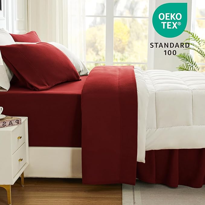 Love's cabin Fleece Full Sheet Set - 4 Pcs Red Super Soft Plush Polar Fleece Bed Sheets Set with 16" Deep Pocket,Cozy Warmth for Cold Season(1 Flat Sheet,1 Fitted Sheet,2 Pillow Cases)
