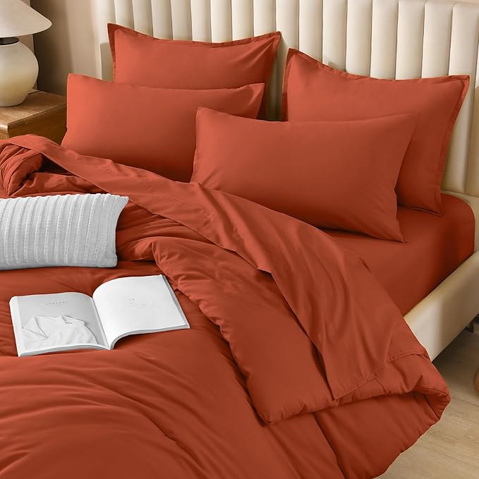 Litanika Burnt Orange Comforter Full Size Set - 7 Pieces Terracotta Bed in a Bag Full Bedding Comforter Sets, Plain Lightweight Bed Set with Comforter, Sheets, Pillowcases & Shams