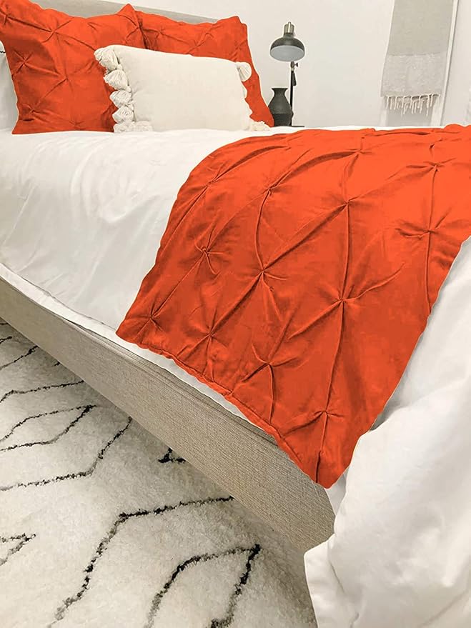 Bed Runner Set - 100% Pure Cotton 800 Thread Count - Luxury 1 Pinch Pleated Bed Runner and 4 Pillow Cover - 5 Piece Pinch Pleated Bed Runner Set Twin, Orange