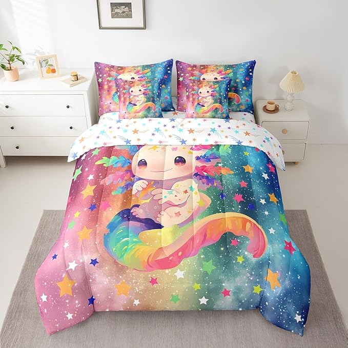 Feelyou Kids Cute Axolotl 7 Pieces Bedding Set Queen Size, Cartoon Animal Bed in A Bag Boys Girls Kawaii Ocean Sealife Comforter Set with Sheets Rainbow Teens Bed Set Bedroom Decor 7Pcs