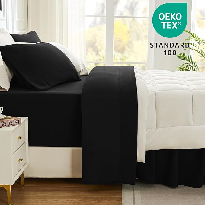 Love's cabin Fleece Queen Sheet Set - 4 Pcs Black Super Soft Plush Polar Fleece Bed Sheets Set with 16" Deep Pocket,Cozy Warmth for Cold Season(1 Flat Sheet,1 Fitted Sheet,2 Pillow Cases)