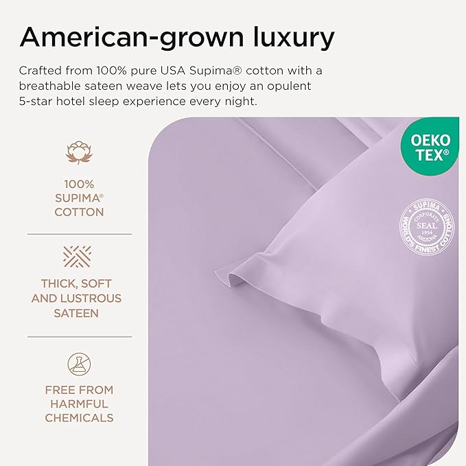 Threadmill Supima King Size Sheets, 1000 Thread Count, 4 Piece American Luxury Bed Sheets for King Mattress, 5 Star Hotel Quality Cotton Sheets with Elasticized Extra Deep Pocket, Lilac