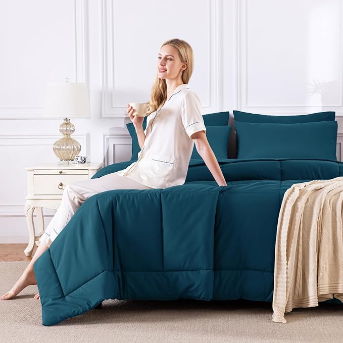CozyLux Queen Size Comforter Sets Lyons Blue, 7 Pieces Bed in a Bag, Blue Comforter Queen Size, All Season Bedding Sets with Stitch Quilted Comforter, Flat Sheet, Fitted Sheet, Pillowcases