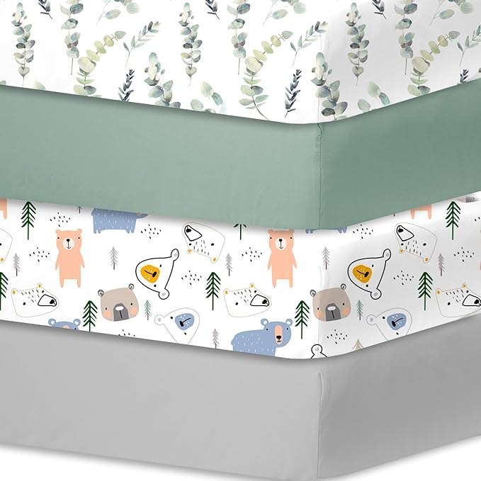 Bimocosy Crib Sheets 4 Pack, Baby Crib Sheets Fitted for Boys and Girls Breathable & Snug Fit, Soft Toddler Bed Sheets for Standard Crib Mattress Nursery Daycare Essentials, Bear Cub