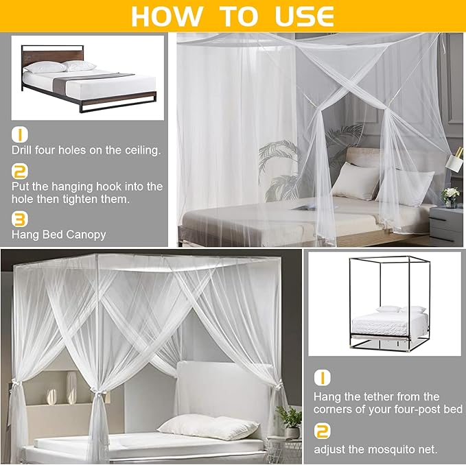 Mosquito Net Bed Canopy for Girls,King Canopy Bed Curtains Queen Size from Ceiling,Dome Mosquito Netting Bed Tent Twin Girls Canopy Bed Decor for Baby Crib,Kid Bed and Adult Beds (White Square)