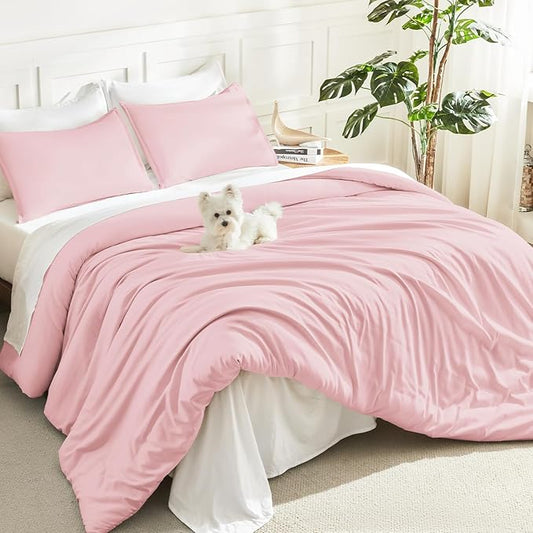 Litanika Comforters Pink Super King Size, 3 Pieces Lightweight Solid Bedding Set & Collections, All Season Fluffy Bed Set (120x120In Comforter & 2 Pillowcases)