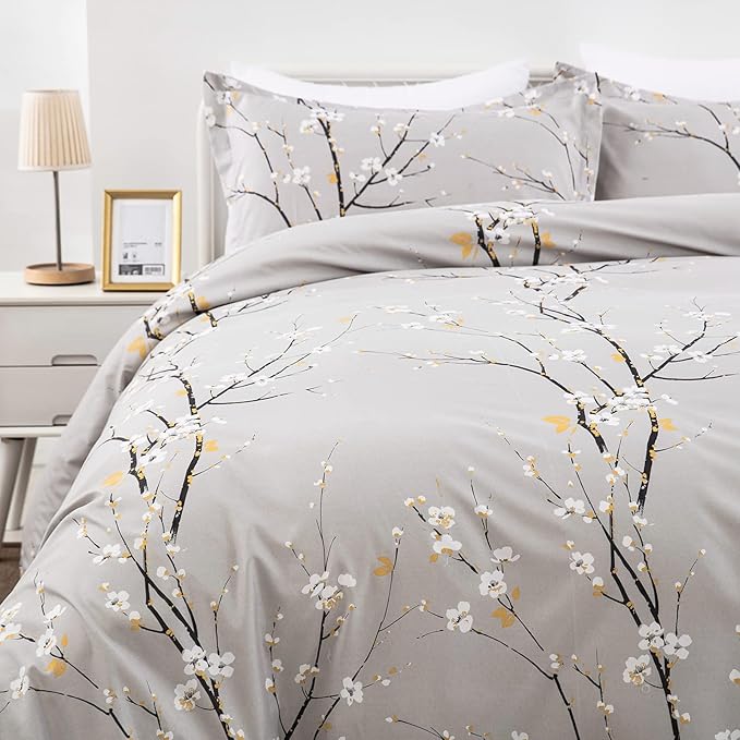 WONGS BEDDING Light Grey Duvet Cover Set Queen, Flower Plum Blossom Prnited Bedding Set with 1 Pillowcase,3 Pcs Soft Microfiber Comforter Cover with Zipper Closure for Kids 90"x90"(Not Comforter)