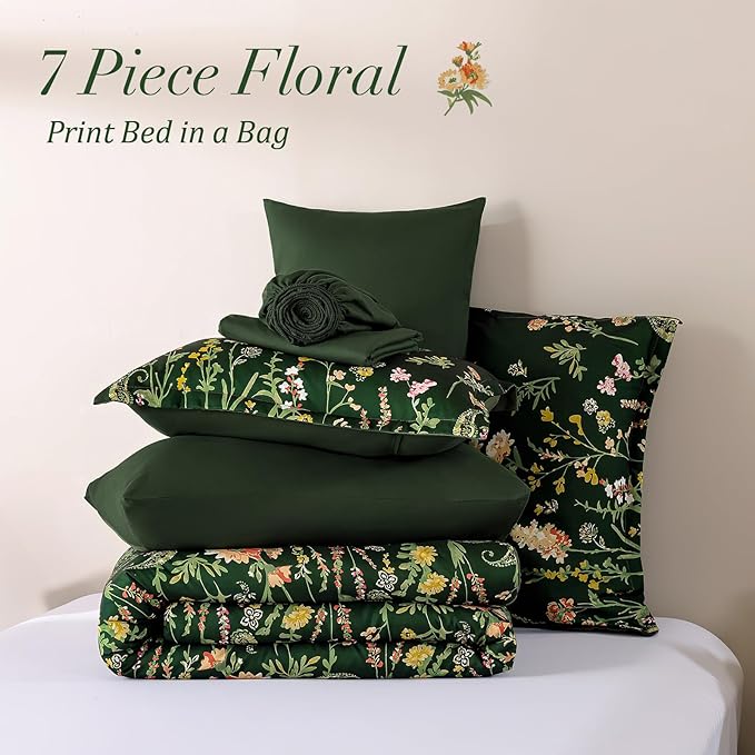 Yiran Comforter Set King Size Dark Green, 7 Piece Floral Flowers Comforter Bedding Set, Bed in a Bag King, Soft Microfiber Complete Bedding Set with Sheets for All Season