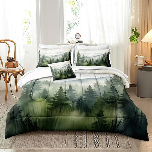 Bedbay Misty Forest Bedding Set King Size Nature Mountain Comforter Set Aesthetic Room Decor Cabin Style Quilt Duvet Set 4 Pieces for All Seasons 1 Comforter 2 Pillowcases 1 Cushion Cover