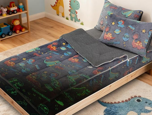 A Nice Night Dinosaur Printed Plush Zippered Comforter Set,Zipper Bedding Glow in The Dark for Child, Galaxy Theme,Twin