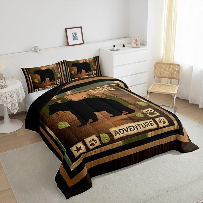 Feelyou Twin Size Rustic Bear Bedding Set Wildlife Hunting Comforter Set Bear and Paw Comforter for Kids Boys Girls Cabin Duvet Insert Kids Bedroom Decor 2Pcs