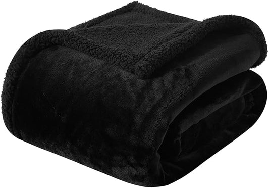 Black Twin Size Sherpa Blanket, Warm Thick Flannel Blanket for Bed, Super Soft Fuzzy Reversible Plush Blankets, Oeko-TEX Certified, Valentine’s Day Gifts, Black 60x80 Inches