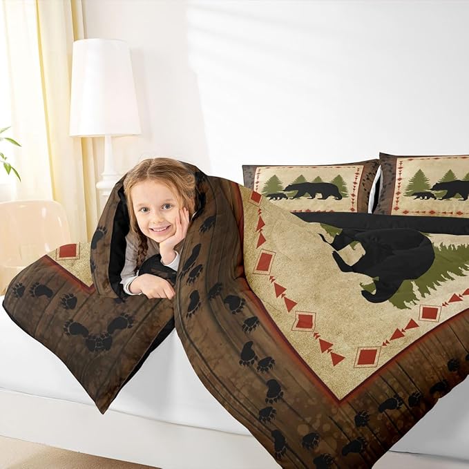 Rustic Farmhouse Bear Wildlife Bedding - Full Size Comforter Set with Bear Paw Print Duvet Insert - Brown & Green