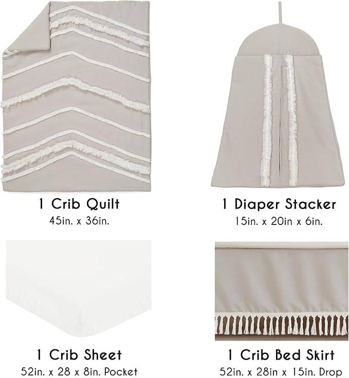 Sweet Jojo Designs 4-Piece Baby Crib Bedding Set (Boho Chic) for Boys or Girls, Infants/Nursery incl. Blanket, Fitted Sheet, Skirt, Diaper Stacker (Linen, Beige, Neutral, Modern Farmhouse, Shabby)