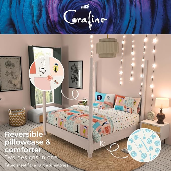 Coraline Kids Bedding Super Soft & Cozy Reversible Microfiber Comforter and Sheet Set with Sham, 7 Piece Full Size, (Officially Licensed Product) by Franco
