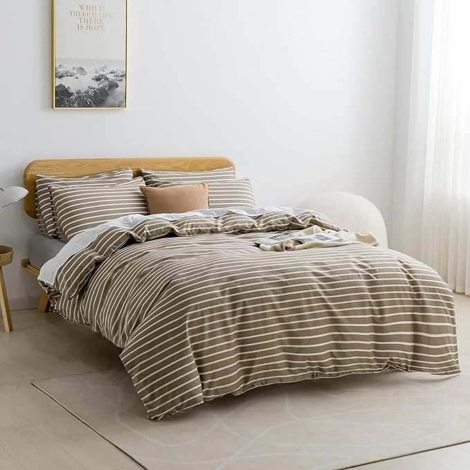 JELLYMONI King Duvet Cover Set, Cotton Duvet Cover 3 Pieces with Zipper Closure, 1 Duvet Cover and 2 Pillowcases(Khaki with White Striped)