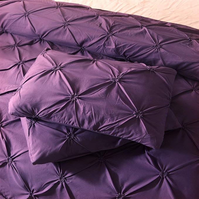Feelyou Twin Duvet Cover Set Pinch Pleat Luxurious Pintuck Tufted Bedding Set Decorative Soft Purple Brushed Microfiber Polyester Comforter Cover with Pillowcases Solid Geometric, 2Pcs